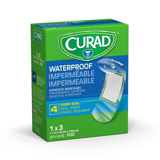 CURAD Plastik-Wasserfeste Pflaster für Erste Hilfe, Haften im Pool, Halten 12 Stunden, Pflaster für Finger & Ellenbogen, Steril, 1 x 3 Zoll, 100 Stück