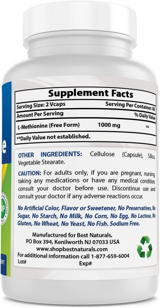 Best Naturals L-Methionin 500 mg – 120 vegane Kapseln, Nahrungsergänzungsmittel