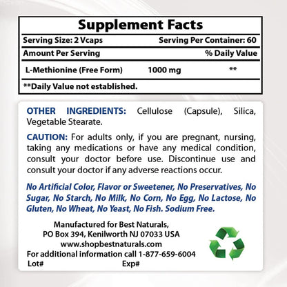 Best Naturals L-Methionin 500 mg – 120 vegane Kapseln, Nahrungsergänzungsmittel