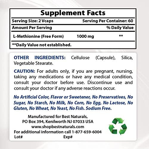 Best Naturals L-Methionin 500 mg – 120 vegane Kapseln, Nahrungsergänzungsmittel
