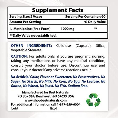 Best Naturals L-Methionin 500 mg – 120 vegane Kapseln, Nahrungsergänzungsmittel