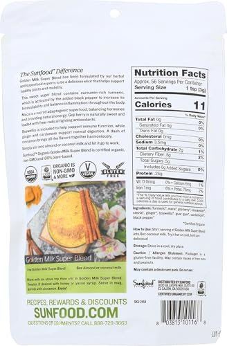 Sunfood Superfoods Bio Golden Milk Super Blend – Kurkuma Latte Pulver mit Ingwer, schwarzem Pfeffer, Zimt & Kardamom, vegan, USDA Bio, glutenfrei – 170 g