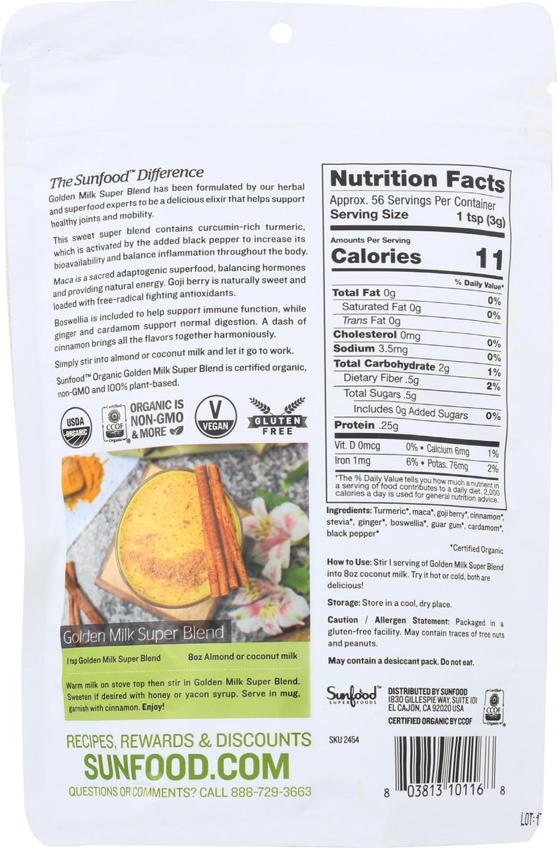 Sunfood Superfoods Bio Golden Milk Super Blend – Kurkuma Latte Pulver mit Ingwer, schwarzem Pfeffer, Zimt & Kardamom, vegan, USDA Bio, glutenfrei – 170 g