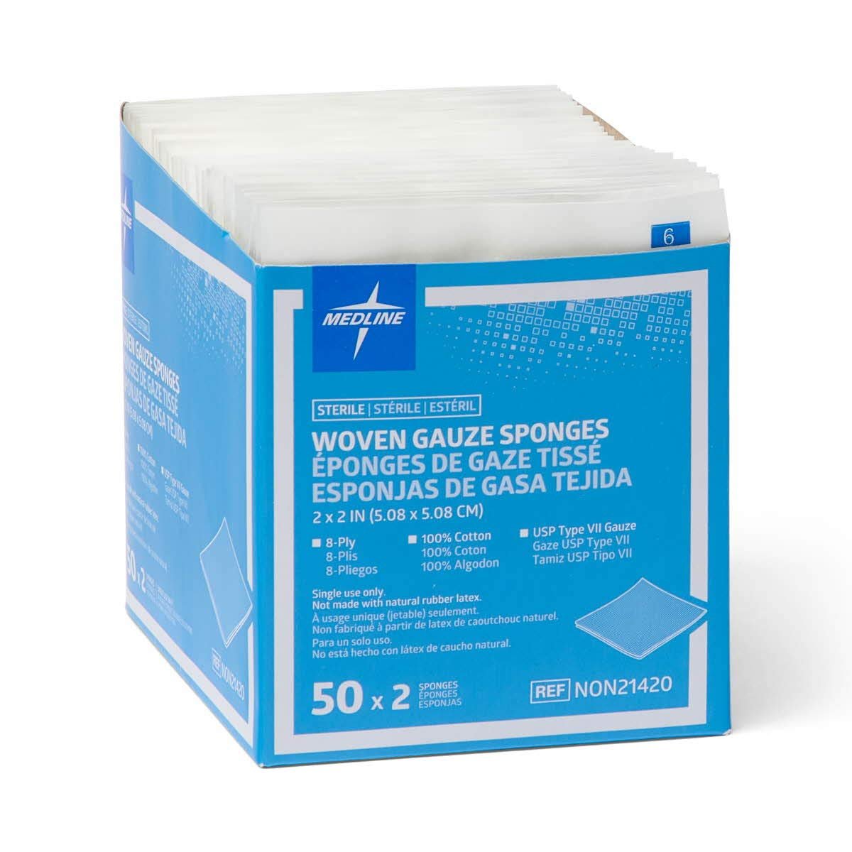 Medline sterile Mullkompresse 8-lagig, 2x2 Zoll, 100 Stück – weiche Baumwoll-Wundauflage