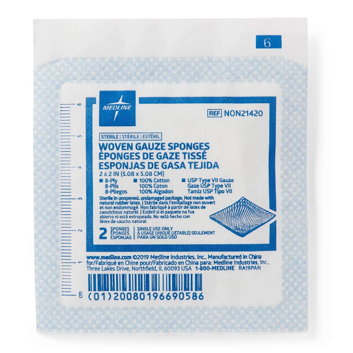Medline sterile Mullkompresse 8-lagig, 2x2 Zoll, 100 Stück – weiche Baumwoll-Wundauflage