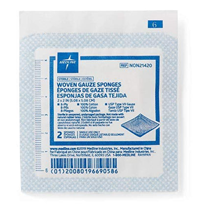 Medline sterile Mullkompresse 8-lagig, 2x2 Zoll, 100 Stück – weiche Baumwoll-Wundauflage