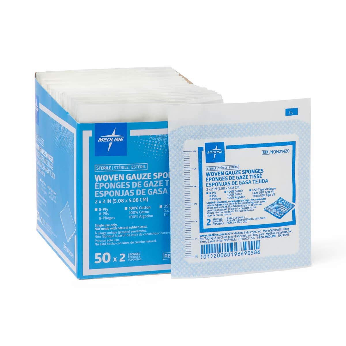 Medline sterile Mullkompresse 8-lagig, 2x2 Zoll, 100 Stück – weiche Baumwoll-Wundauflage