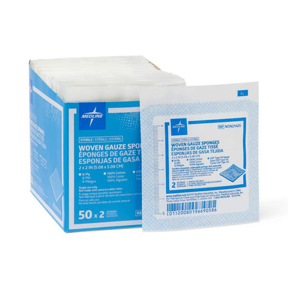 Medline sterile Mullkompresse 8-lagig, 2x2 Zoll, 100 Stück – weiche Baumwoll-Wundauflage