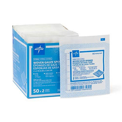 Medline sterile Mullkompresse 8-lagig, 2x2 Zoll, 100 Stück – weiche Baumwoll-Wundauflage