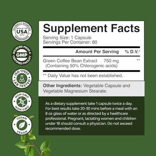 Reiner grüner Kaffee-Extrakt – Hochdosiertes grünes Kaffee-Extrakt mit 50 % Chlorogensäure für Antioxidantien, Herzgesundheit und mentale Klarheit – Natürliches Energie-Supplement für Erwachsene – 60 Kapseln
