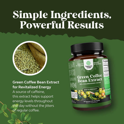 Reiner grüner Kaffee-Extrakt – Hochdosiertes grünes Kaffee-Extrakt mit 50 % Chlorogensäure für Antioxidantien, Herzgesundheit und mentale Klarheit – Natürliches Energie-Supplement für Erwachsene – 60 Kapseln