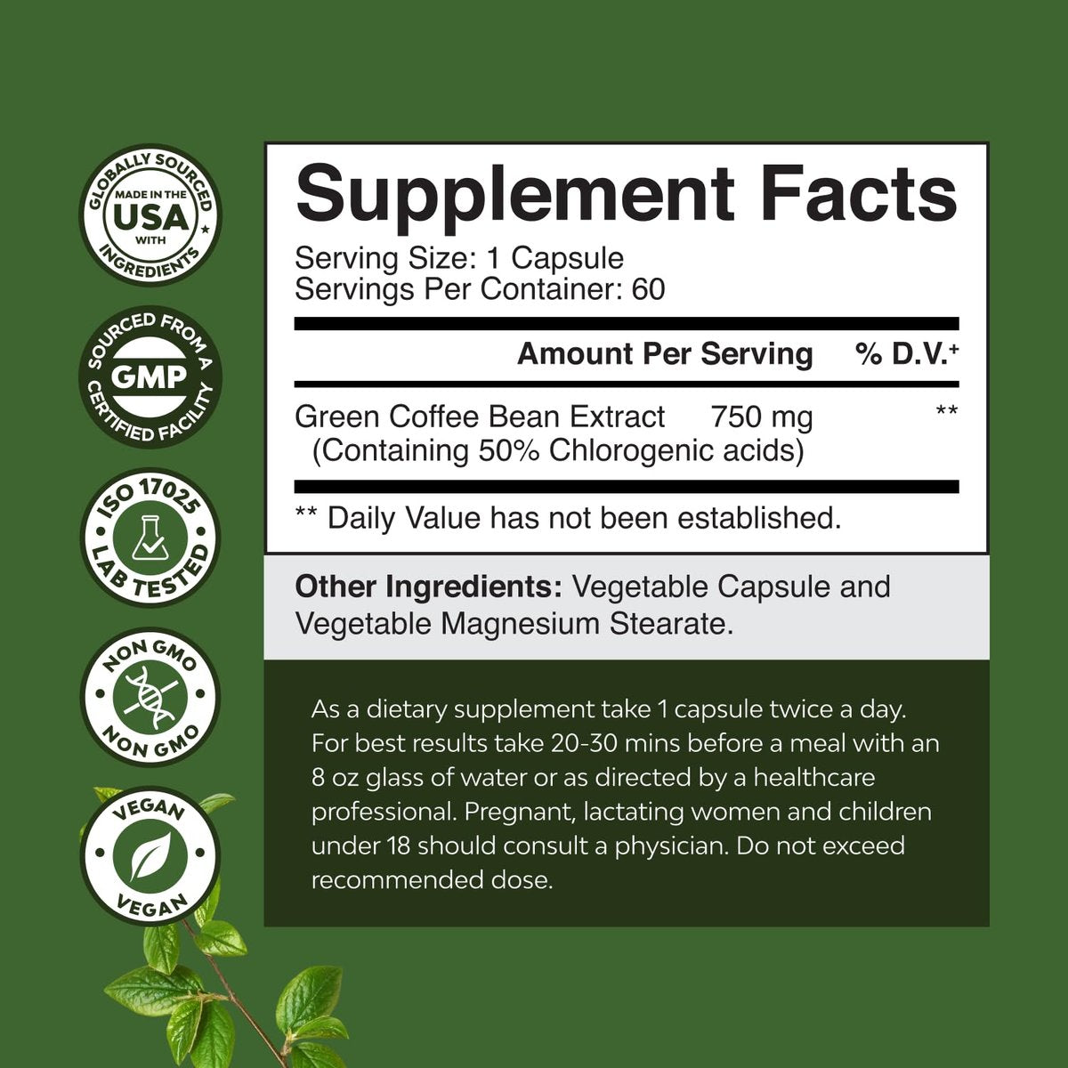 Reiner grüner Kaffee-Extrakt – Hochdosiertes grünes Kaffee-Extrakt mit 50 % Chlorogensäure für Antioxidantien, Herzgesundheit und mentale Klarheit – Natürliches Energie-Supplement für Erwachsene – 60 Kapseln