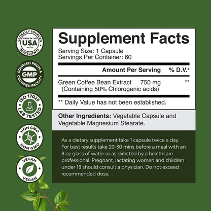 Reiner grüner Kaffee-Extrakt – Hochdosiertes grünes Kaffee-Extrakt mit 50 % Chlorogensäure für Antioxidantien, Herzgesundheit und mentale Klarheit – Natürliches Energie-Supplement für Erwachsene – 60 Kapseln