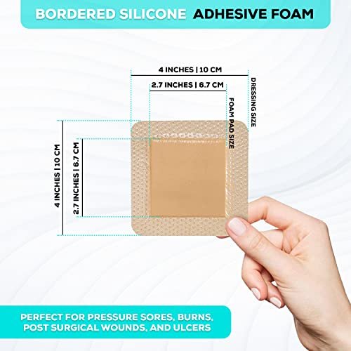 MedVance 5er-Pack 4x4 Zoll Silikon-Schaumstoffverband mit Rand, wasserdichte Silikonpflaster für Wundversorgung, Druckgeschwür-Pflaster, superabsorbierender Wundverband, selbstklebende Polster