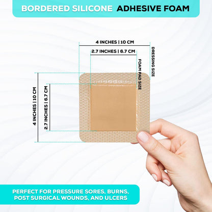 MedVance 5er-Pack 4x4 Zoll Silikon-Schaumstoffverband mit Rand, wasserdichte Silikonpflaster für Wundversorgung, Druckgeschwür-Pflaster, superabsorbierender Wundverband, selbstklebende Polster