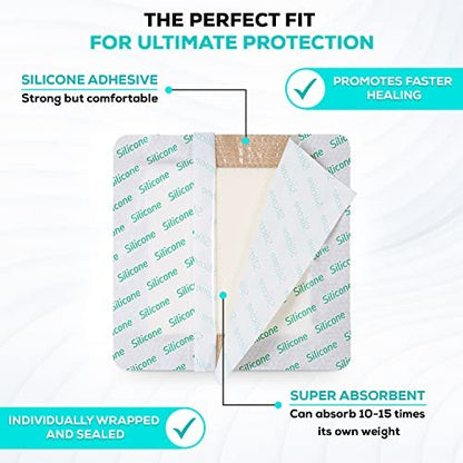 MedVance 5er-Pack 4x4 Zoll Silikon-Schaumstoffverband mit Rand, wasserdichte Silikonpflaster für Wundversorgung, Druckgeschwür-Pflaster, superabsorbierender Wundverband, selbstklebende Polster