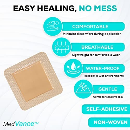 MedVance 5er-Pack 4x4 Zoll Silikon-Schaumstoffverband mit Rand, wasserdichte Silikonpflaster für Wundversorgung, Druckgeschwür-Pflaster, superabsorbierender Wundverband, selbstklebende Polster