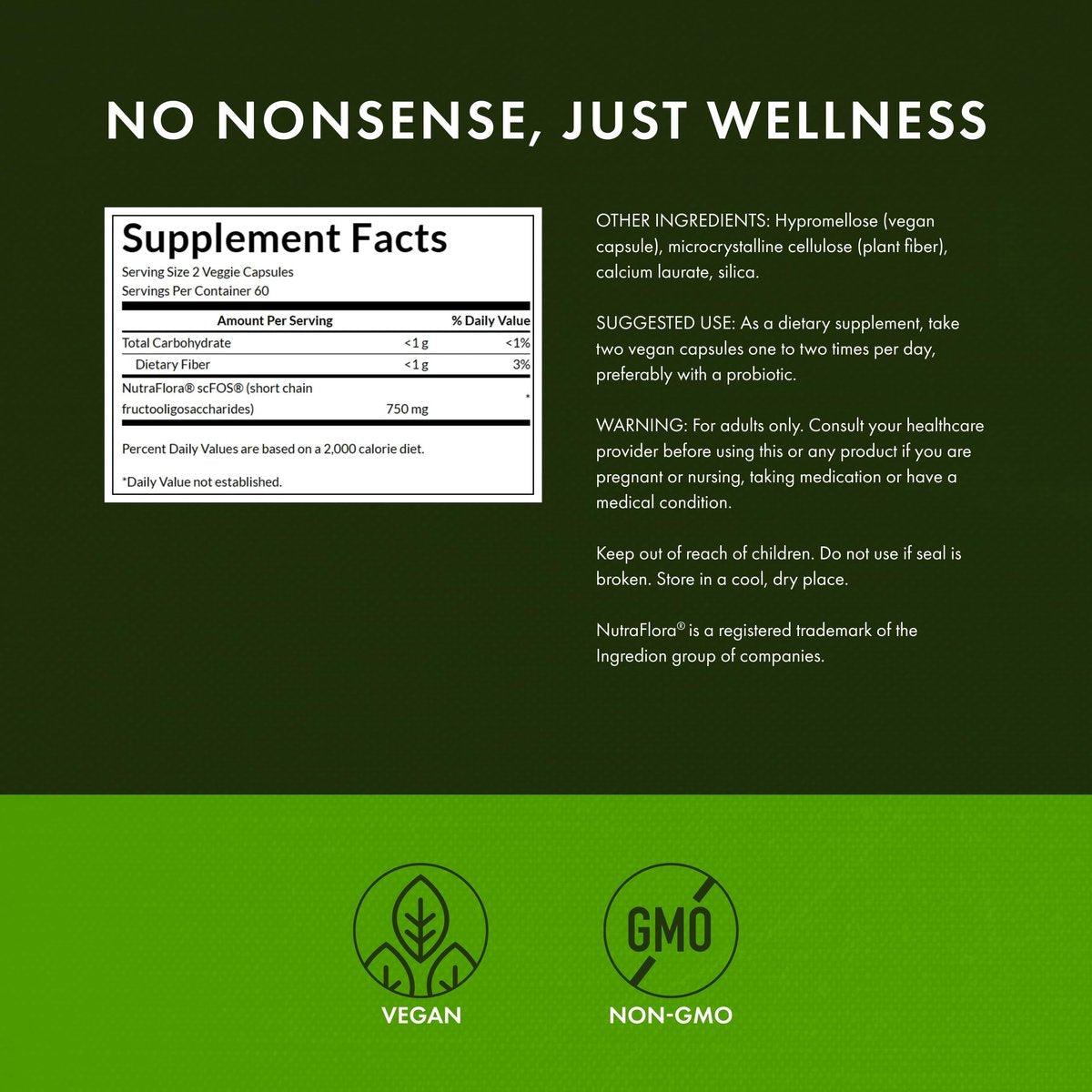Swanson Prebiotische Ballaststoffkapseln mit NutraFlora FOS für Darmgesundheit – 750 mg (120 vegane Kapseln)