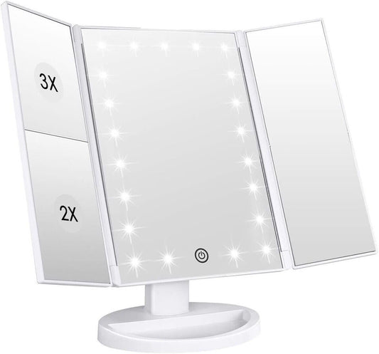 WEILY Makeup-Spiegel mit 21 LED-Leuchten und Touchscreen, Tri-Fold 1x 2x 3x Vergrößerung, 180° verstellbare Drehung und USB-Stromversorgung, Kosmetikspiegel für die Theke (Weiß)