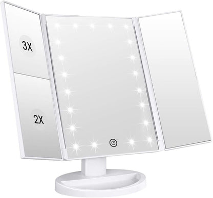 WEILY Makeup-Spiegel mit 21 LED-Leuchten und Touchscreen, Tri-Fold 1x 2x 3x Vergrößerung, 180° verstellbare Drehung und USB-Stromversorgung, Kosmetikspiegel für die Theke (Weiß)