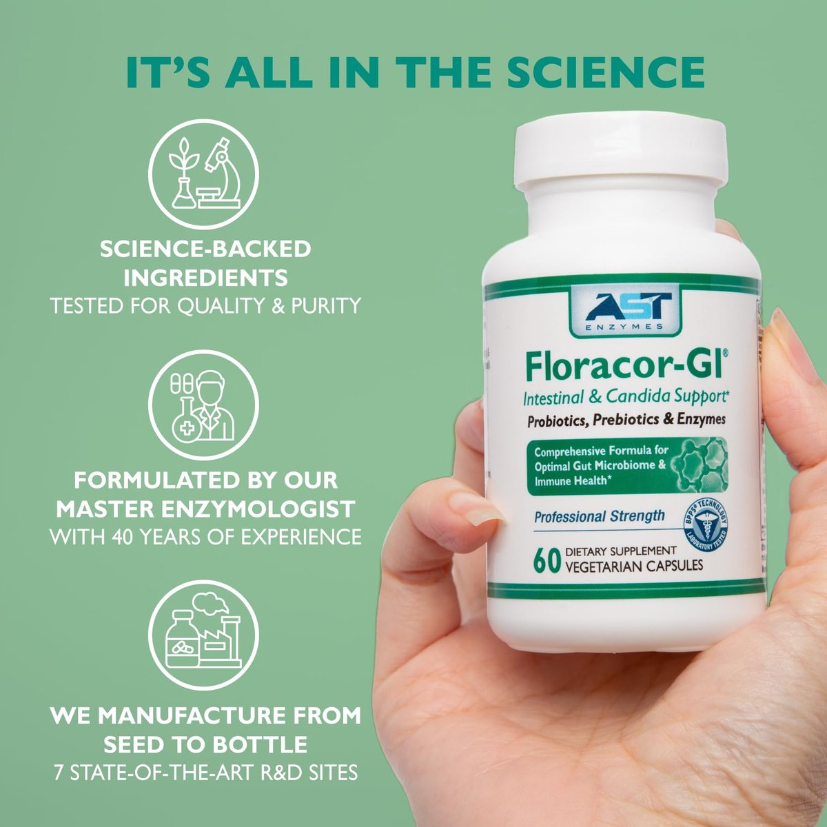 AST Enzymes Floracor - Unterstützt die Darm- und Verdauungsgesundheit - Hochwertige Probiotika, Präbiotika und Enzyme - 60 vegane Kapseln