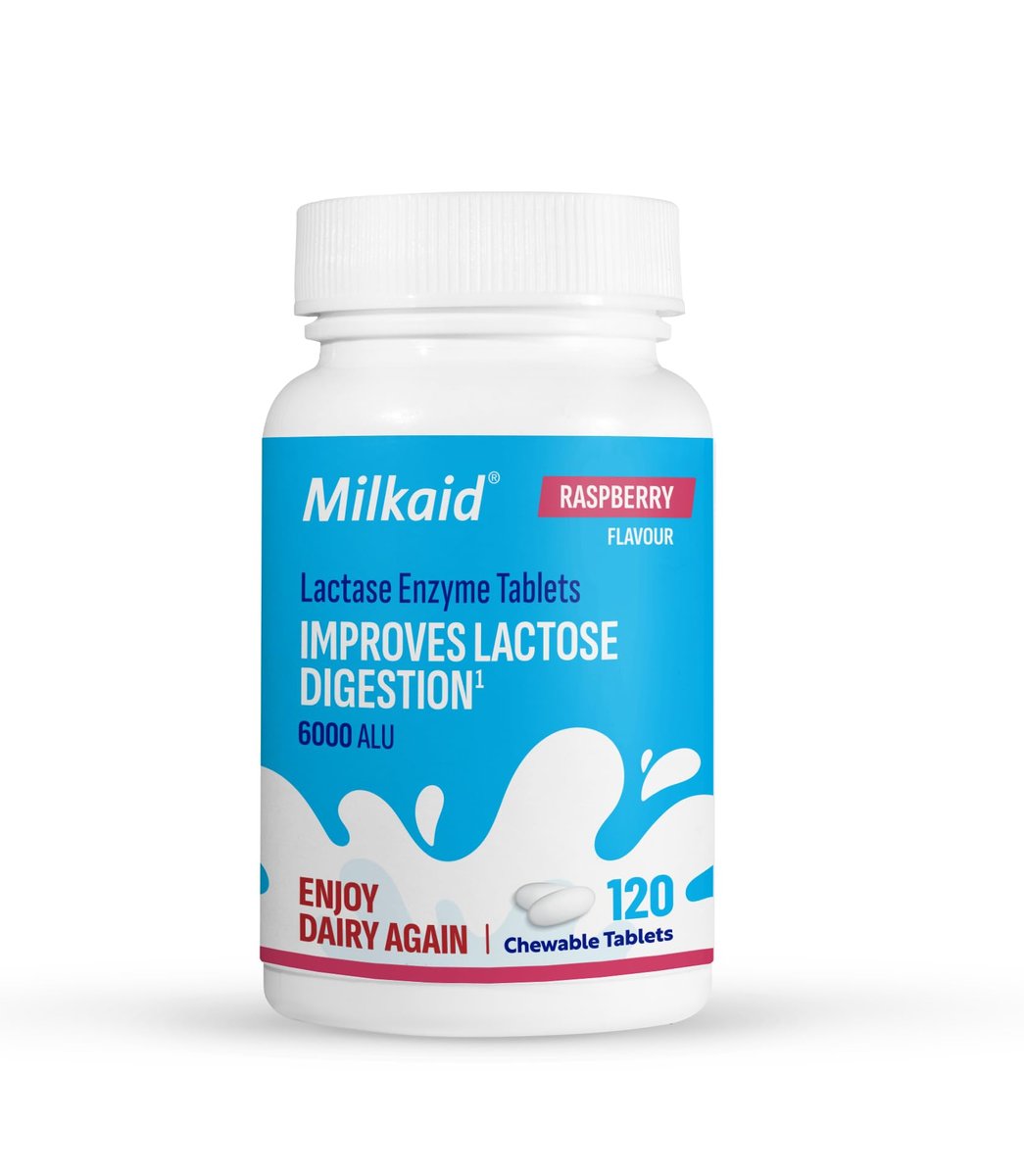 Milkaid Laktase-Enzym Kautabletten – Schnelle Linderung bei Laktoseintoleranz, verhindert Blähungen & Durchfall, 120 Tabletten (Himbeer-Geschmack)