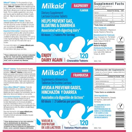 Milkaid Laktase-Enzym Kautabletten – Schnelle Linderung bei Laktoseintoleranz, verhindert Blähungen & Durchfall, 120 Tabletten (Himbeer-Geschmack)