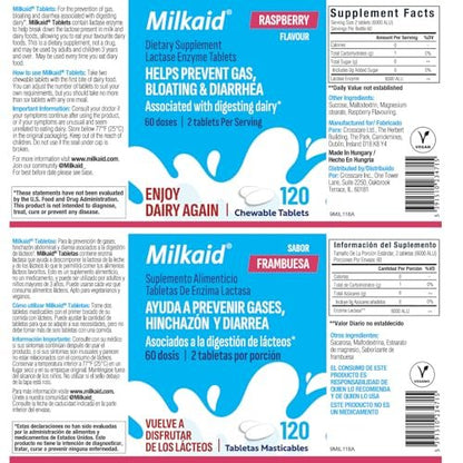 Milkaid Laktase-Enzym Kautabletten – Schnelle Linderung bei Laktoseintoleranz, verhindert Blähungen & Durchfall, 120 Tabletten (Himbeer-Geschmack)