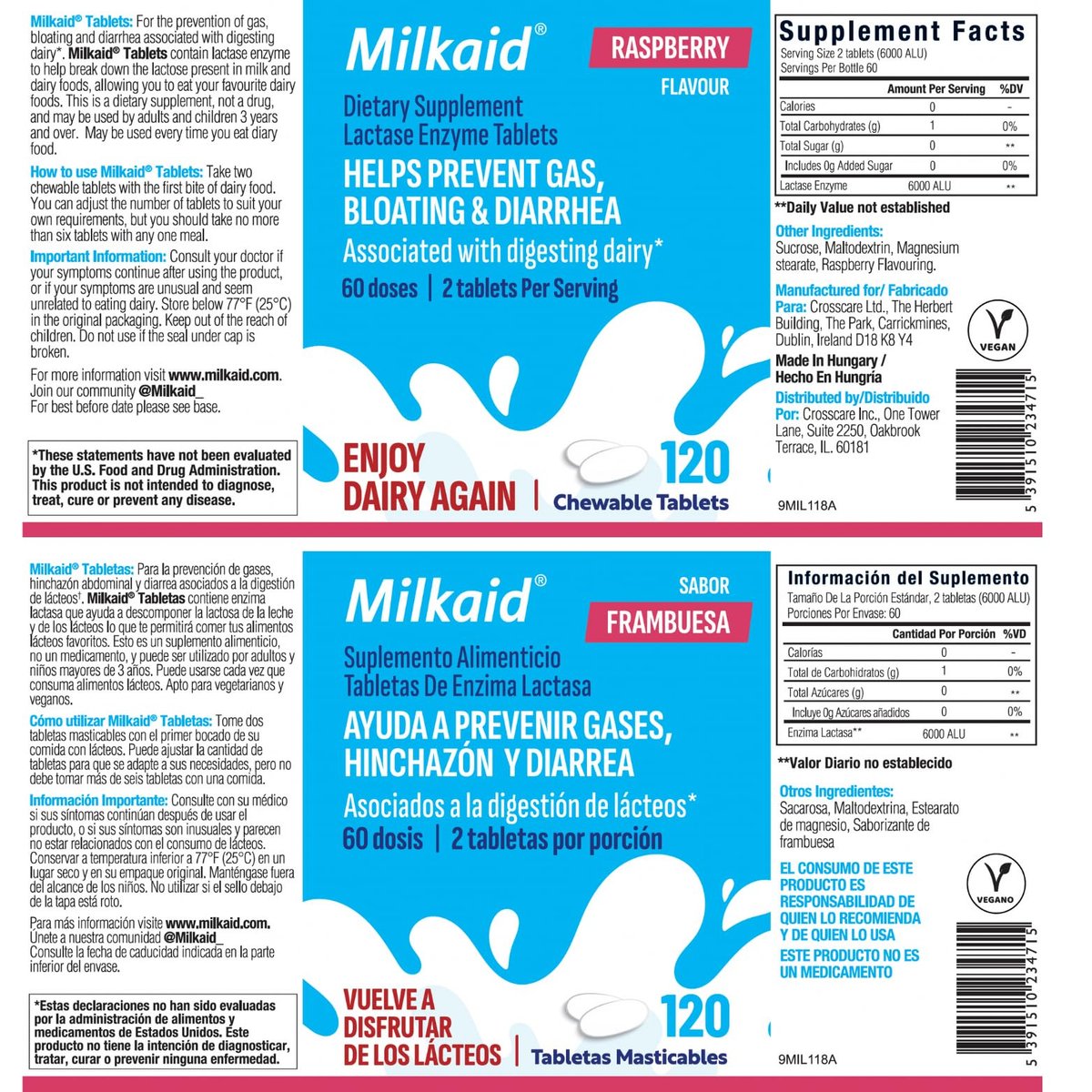 Milkaid Laktase-Enzym Kautabletten – Schnelle Linderung bei Laktoseintoleranz, verhindert Blähungen & Durchfall, 120 Tabletten (Himbeer-Geschmack)
