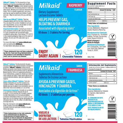Milkaid Laktase-Enzym Kautabletten – Schnelle Linderung bei Laktoseintoleranz, verhindert Blähungen & Durchfall, 120 Tabletten (Himbeer-Geschmack)