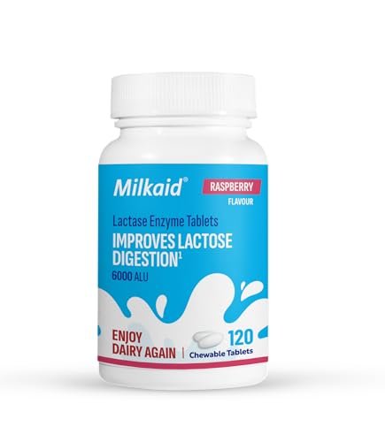 Milkaid Laktase-Enzym Kautabletten – Schnelle Linderung bei Laktoseintoleranz, verhindert Blähungen & Durchfall, 120 Tabletten (Himbeer-Geschmack)