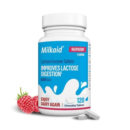 Milkaid Laktase-Enzym Kautabletten – Schnelle Linderung bei Laktoseintoleranz, verhindert Blähungen & Durchfall, 120 Tabletten (Himbeer-Geschmack)