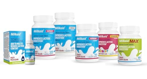 Milkaid Laktase-Enzym Kautabletten – Schnelle Linderung bei Laktoseintoleranz, verhindert Blähungen & Durchfall, 120 Tabletten (Himbeer-Geschmack)
