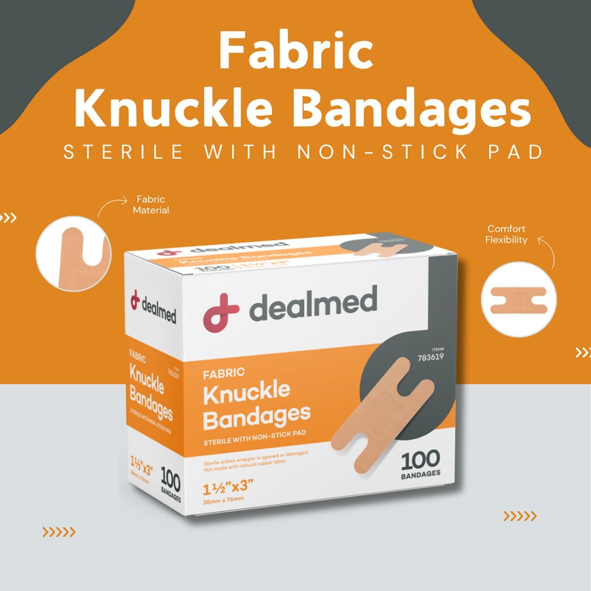 Dealmed Stoff-Fingerverband Flexibler Haftverband – 100 Stück (1 Packung) mit nicht haftendem Pad, Latexfrei, Wundversorgung für Erste-Hilfe-Set, 3,8 cm x 7,6 cm