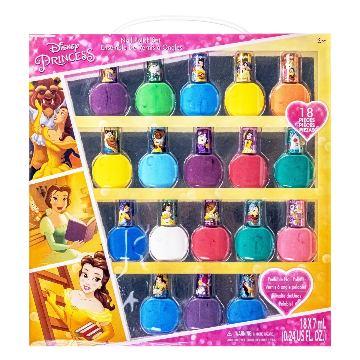 Townley Girl Disney Princess Belle 18-teiliges Nagellack-Set auf Wasserbasis – Schnell trocknend und abziehbar – Nagellack-Set für Mädchen ab 3 Jahren