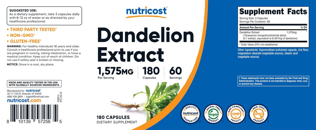 Nutricost Löwenzahn-Extrakt 180 Kapseln, 60 Portionen pro Flasche – Vegan, GVO-frei und Glutenfrei