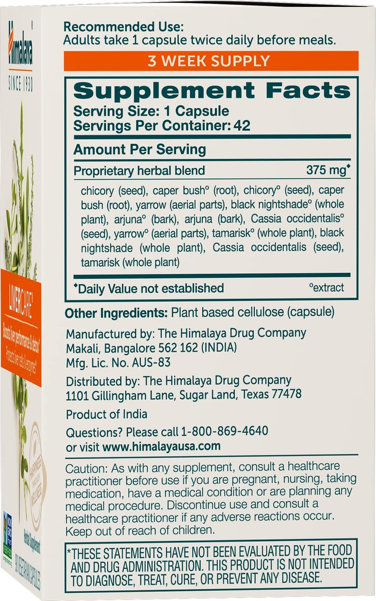 Himalaya LiverCare – Pflanzliche Unterstützung für die Leber, Förderung der Abfallausscheidung, Leberreinigung & -reparatur, sowie Gallenproduktion, Leberunterstützung, vegan, nicht-GVO, glutenfrei, 375 mg, 42 Kapseln