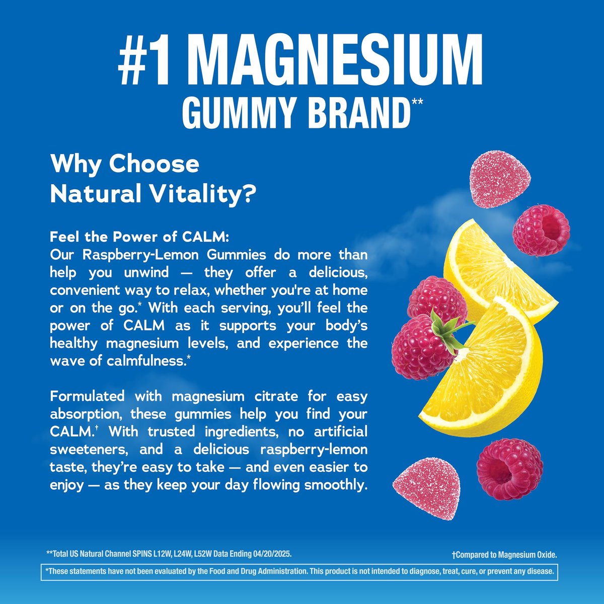 Natural Vitality Calm Magnesium Gummis – Stressabbau & Entspannung, Himbeer-Zitrone, 120 Stück