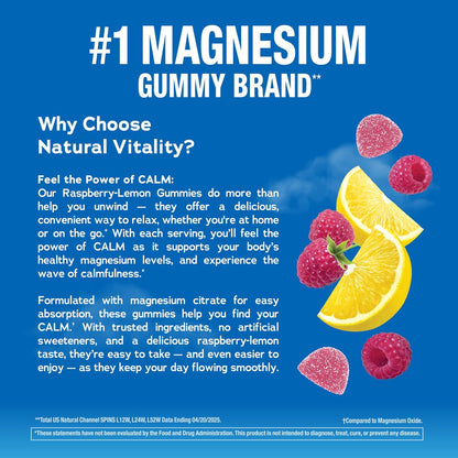 Natural Vitality Calm Magnesium Gummis – Stressabbau & Entspannung, Himbeer-Zitrone, 120 Stück