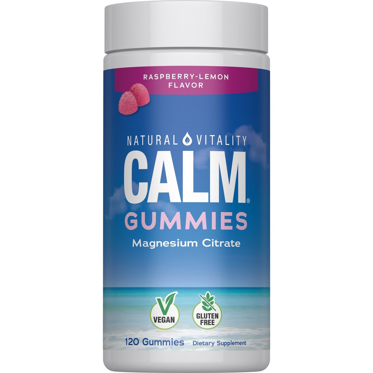Natural Vitality Calm Magnesium Gummis – Stressabbau & Entspannung, Himbeer-Zitrone, 120 Stück