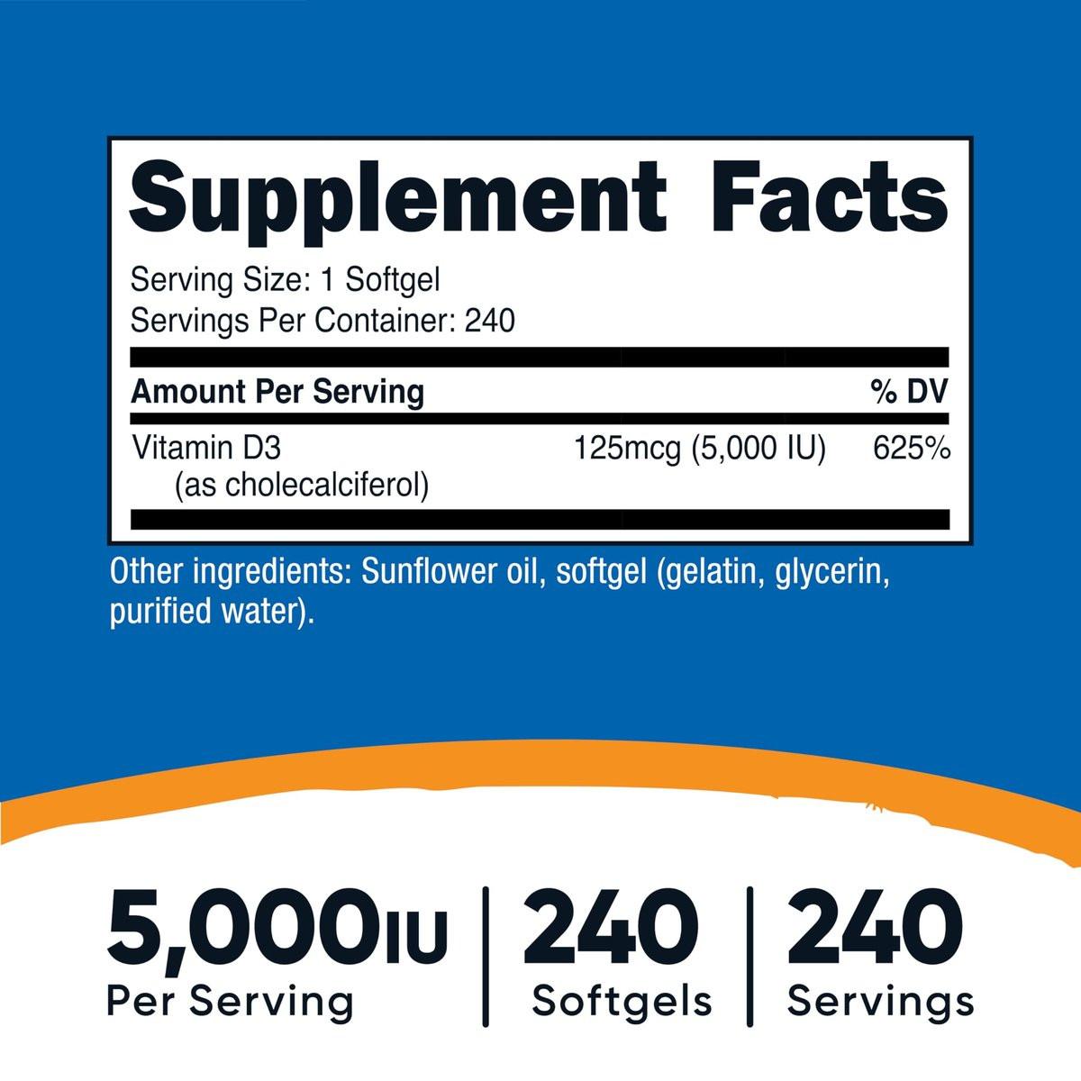 Nutricost Vitamin D3 5.000 IE (125 mcg), 240 Weichkapseln – Nicht-GVO und glutenfrei