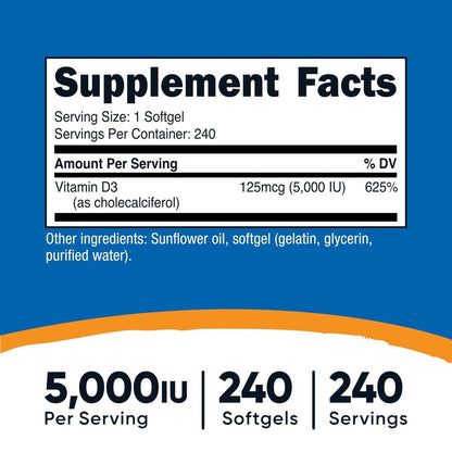 Nutricost Vitamin D3 5.000 IE (125 mcg), 240 Weichkapseln – Nicht-GVO und glutenfrei