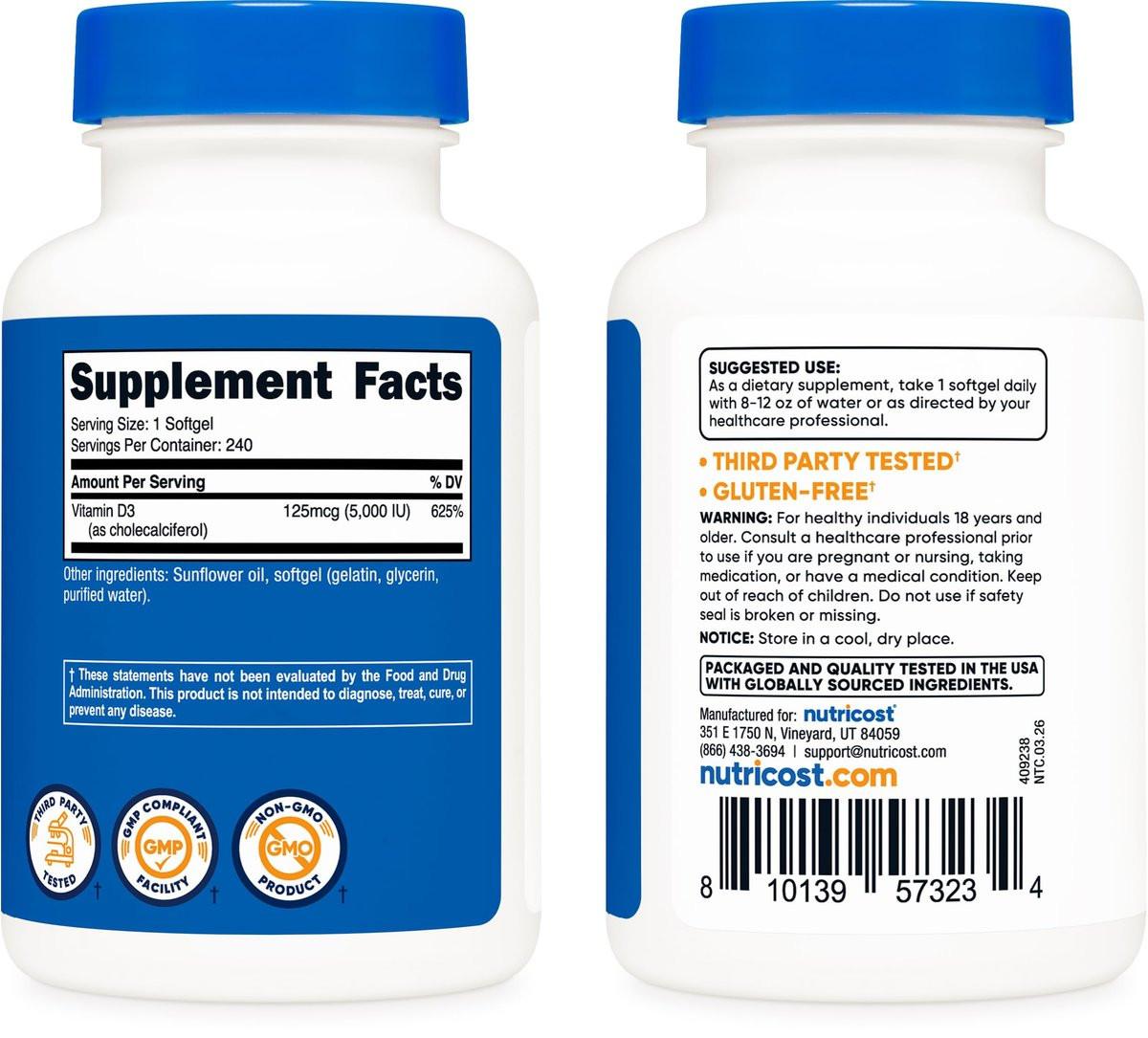 Nutricost Vitamin D3 5.000 IE (125 mcg), 240 Weichkapseln – Nicht-GVO und glutenfrei