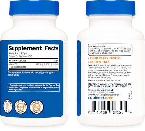 Nutricost Vitamin D3 5.000 IE (125 mcg), 240 Weichkapseln – Nicht-GVO und glutenfrei