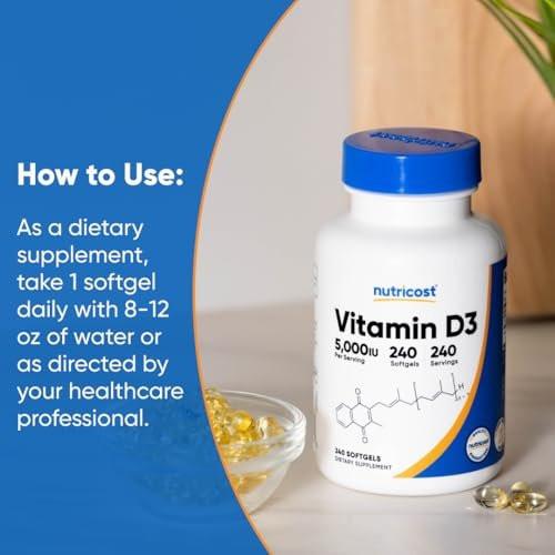 Nutricost Vitamin D3 5.000 IE (125 mcg), 240 Weichkapseln – Nicht-GVO und glutenfrei