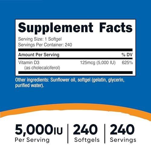 Nutricost Vitamin D3 5.000 IE (125 mcg), 240 Weichkapseln – Nicht-GVO und glutenfrei