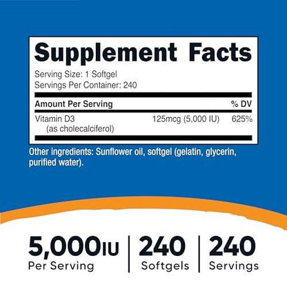 Nutricost Vitamin D3 5.000 IE (125 mcg), 240 Weichkapseln – Nicht-GVO und glutenfrei