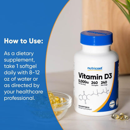 Nutricost Vitamin D3 5.000 IE (125 mcg), 240 Weichkapseln – Nicht-GVO und glutenfrei