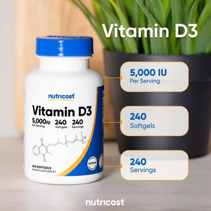 Nutricost Vitamin D3 5.000 IE (125 mcg), 240 Weichkapseln – Nicht-GVO und glutenfrei