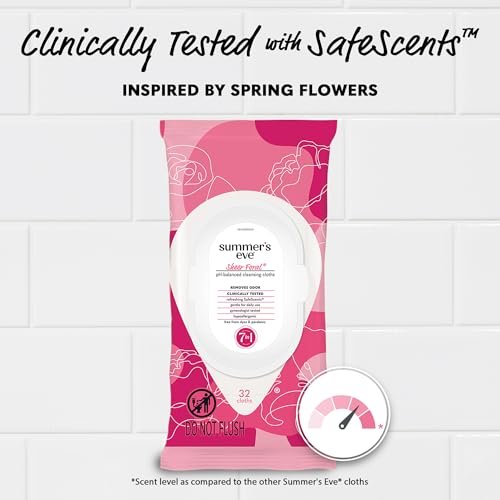 Summer's Eve Sheer Floral Feuchttücher für die Intimhygiene, pH-balancierte Formel hilft bei der Kontrolle von Vaginalgeruch, wiederverschließbare Packung, 32 Tücher, 4er-Pack